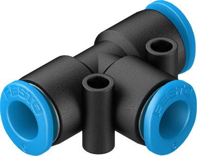 Kunststoff-T-Abzweigrohrverbindung in Schwarz und Blau; dient zur Verbindung von drei Rohrleitungen.