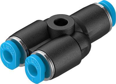 Doppeltsteckverbinder für Pneumatikschläuche, schwarz mit blauen Endstücken, ermöglicht die sichere Verbindung von zwei Schläuchen.