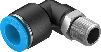 Schwarzer L-Stück-Adapter mit blauem Anschluss und Metallgewinde auf der rechten Seite, wahrscheinlich für Pneumatiksysteme.