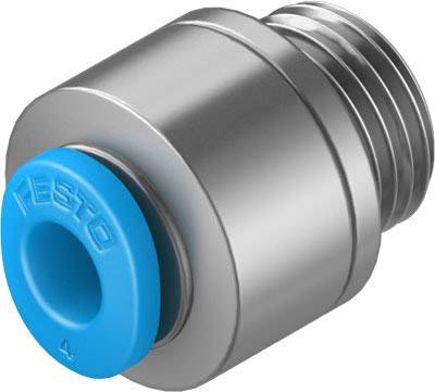 Metallischer Pneumatikadapter mit blauem Anschluss und Gewinde, gekennzeichnet mit 'Festo'. Geeignet für Druckluftanwendungen.