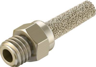 Ein zylindrischer, poröser Schalldämpfer aus Metall mit einer Schraubverbindung, oft in pneumatischen Systemen verwendet, um Geräusche zu reduzieren.