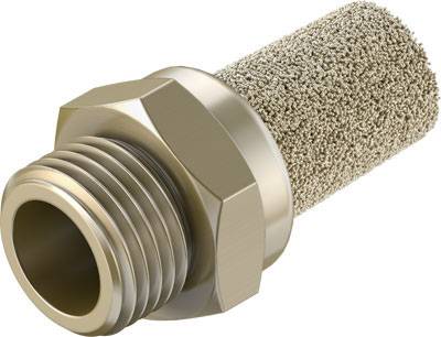 Ein zylindrischer Schalldämpfer mit Außengewinde und porösem Filter, der zur Geräuschreduzierung in pneumatischen Systemen verwendet wird.