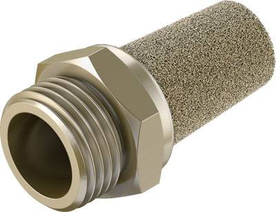 Ein metallischer Schalldämpfer mit hexagonalem Anschluss und porösem Zylinder, verwendet zur Geräuschreduzierung in pneumatischen Systemen.