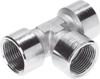 Ein T-Stück aus Metall mit drei Innengewinden, verwendet in Rohrinstallationen zur Verbindung von drei Rohren.