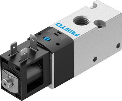 Ein pneumatisches Ventil von FESTO mit elektrischen Anschlüssen für die Steuerung von Luftströmen in industriellen Anwendungen.