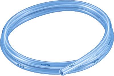 Ein transparenter, blauer Schlauch mit der Aufschrift 'FESTO' entlang der Oberfläche, koaxial gerollt für einfache Lagerung oder Installation.