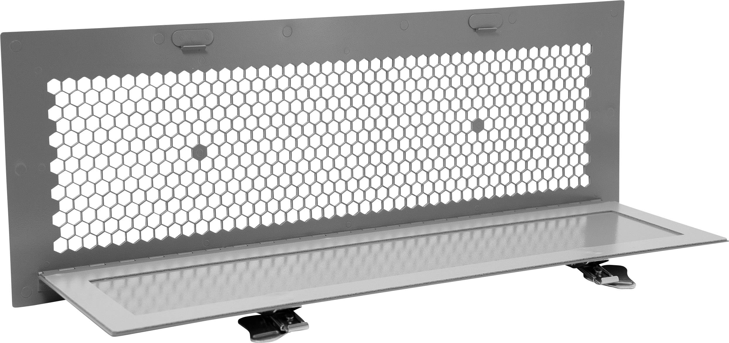 Metallplatte mit sechseckigem Lochmuster, an einer Seite hochgeklappt. Wird durch zwei Klemmen gehalten.