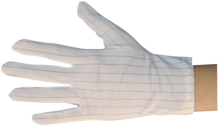 Weiße Baumwollhandschuh auf ausgestreckter Hand, leichte Streifenmusterung sichtbar.