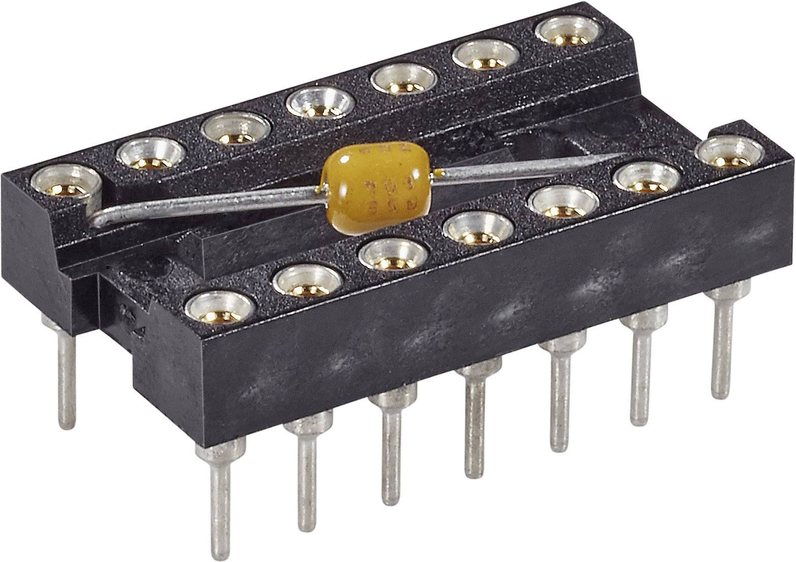 Im Bild ist ein schwarzer IC-Sockel zu sehen, auf dem ein gelber Widerstand montiert ist. Der Sockel hat mehrere silberne Pins.