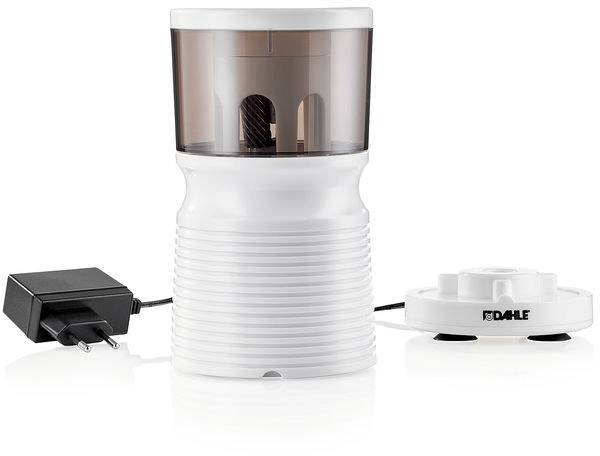 Elektrischer Anspitzer mit Netzteil und integriertem Messerblock. Gehäuse in Weiß mit halbtransparentem Behälter für Späne.