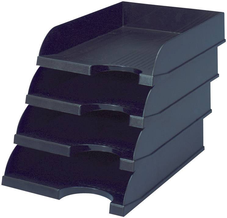Ein stapelbarer schwarzer Papierablagekasten mit vier Fächern, um Dokumente oder Büromaterialien geordnet abzulegen.