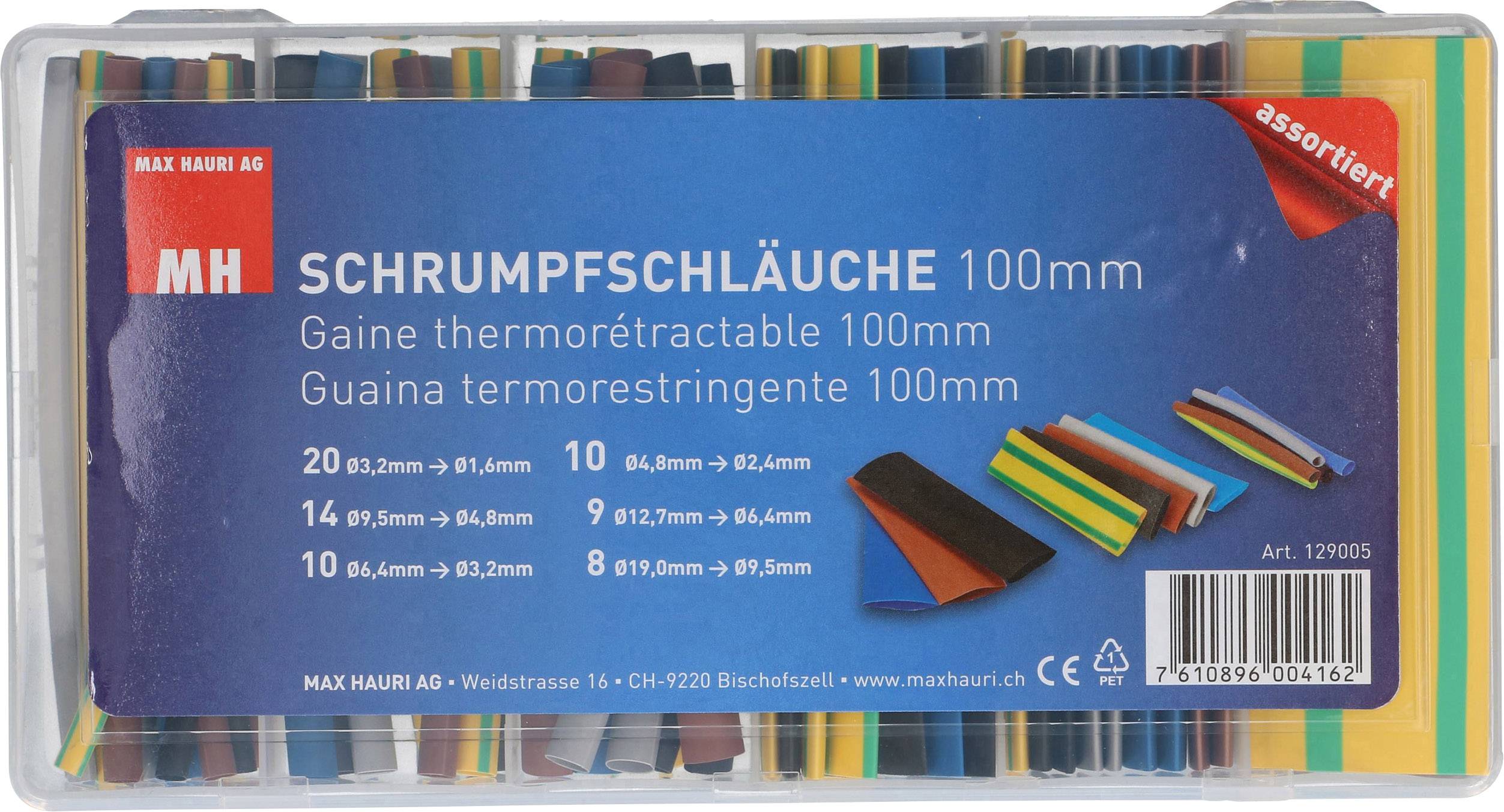 Schrumpfschläuche-Set, 100 mm, in verschiedenen Farben und Größen, ideal zum Isolieren und Schützen von Kabelverbindungen.