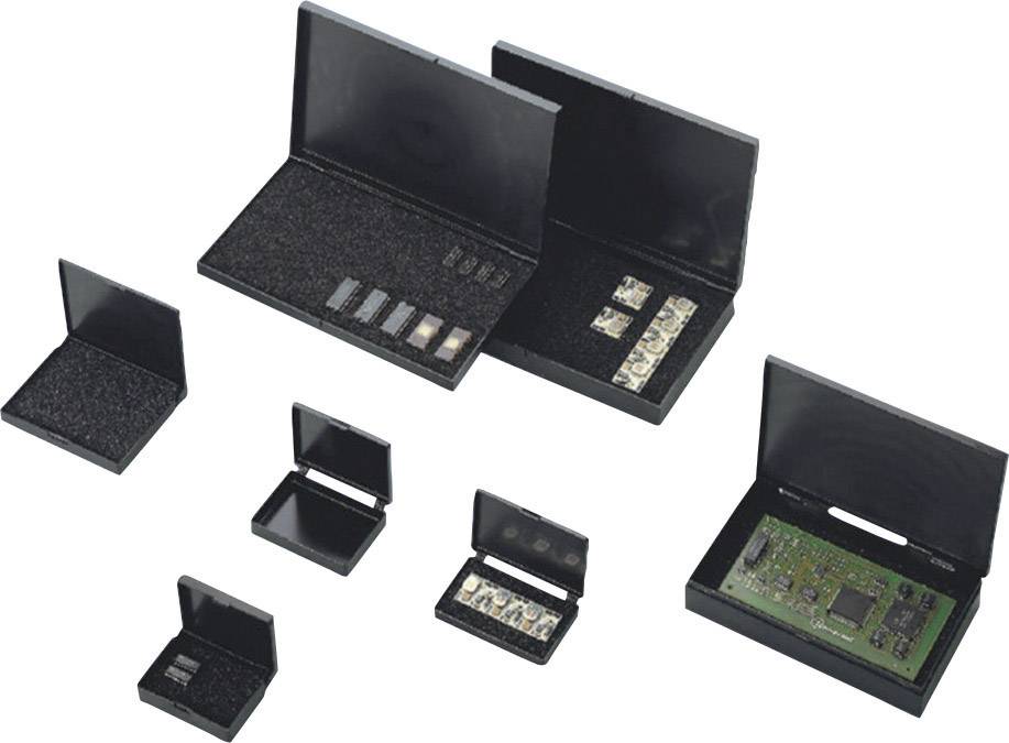 Verschiedene schwarze Boxen mit Schaumstoffeinlagen und Elektronikchips verschiedener Größen und Formen, geöffnet und geschlossen.