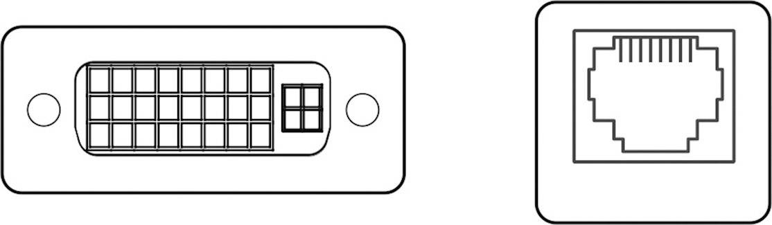 'DVI' und 'Ethernet'-Anschlüsse abgebildet. Links: DVI-Anschluss mit rechteckigen Pins. Rechts: Standard-RJ45-Ethernet-Anschluss.