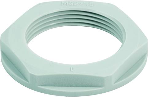 Sechskantmutter aus Metall mit Innengewinde, beschriftet mit 'M32x1.5'. Verwendet zum Sichern von mechanischen Komponenten.