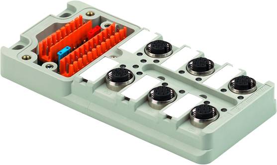 Elektronische Steckverbindungseinheit mit mehreren Rot-, Blau- und Schwarzkontakten, umgeben von einem grauen Gehäuse.