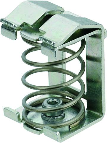 Metallfeder mit Halterung in Silber. Der Halter fixiert die Feder aufrecht, geeignet für mechanische Anwendungen oder Geräte.