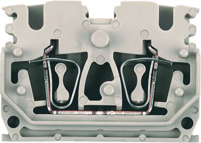 Ein grauer elektrischer Anschlussklemmenblock mit Metallklemmen und isolierenden Gehäusestrukturen. Verwendet für Kabelverbindungen.