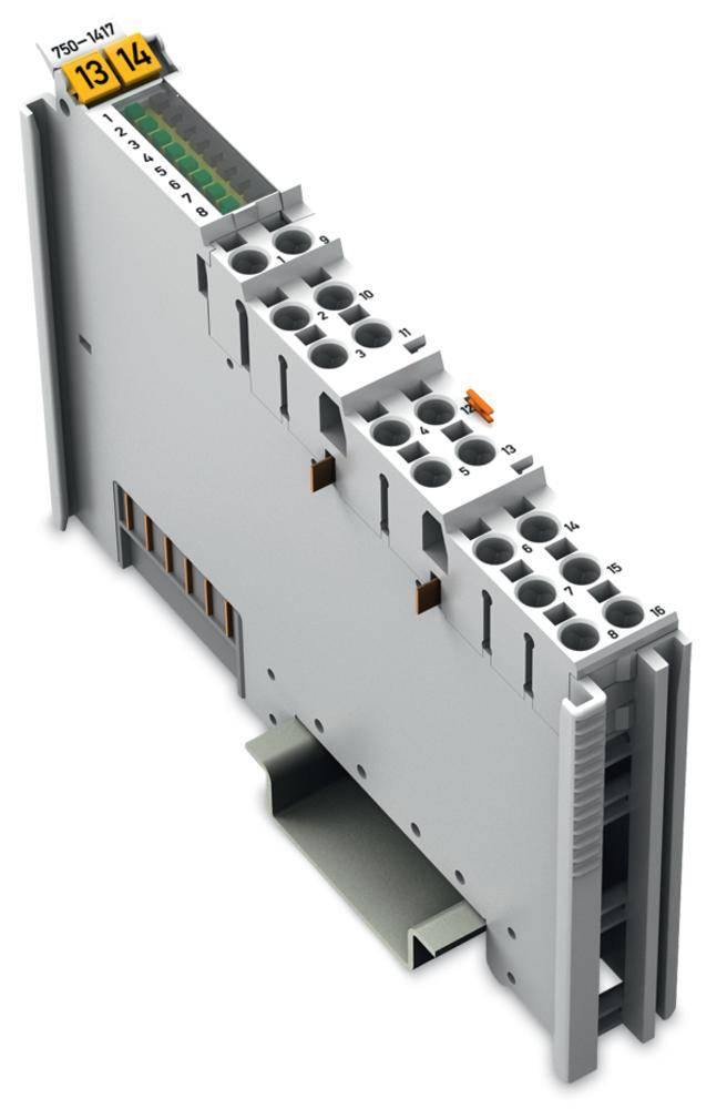 Elektrisches Steckmodul mit mehreren Anschlüssen und farbcodierten Steckplätzen, horizontal ausgerichtet zur Integration in ein Schaltersystem.