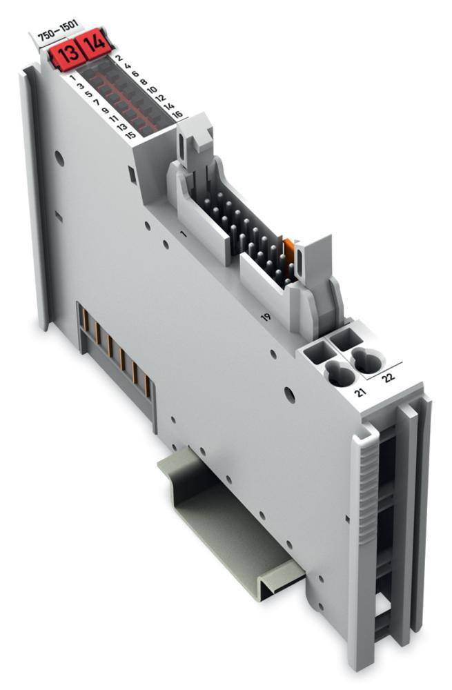 Ein digitales I/O-Modul mit nummerierten Anschlüssen, das in einem Schaltschrank zur Steuerung von elektrischen Signalen eingesetzt wird.