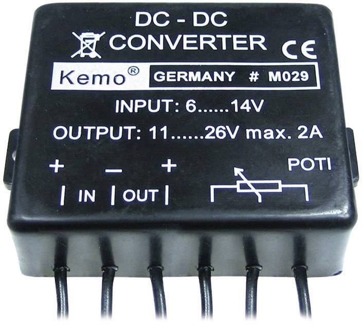 'DC-DC Converter' von Kemo, Input 6-14V, Output 11-26V, max. 2A. Schwarzes Gehäuse mit Anschlüssen und Einstellung für Potentiometer.