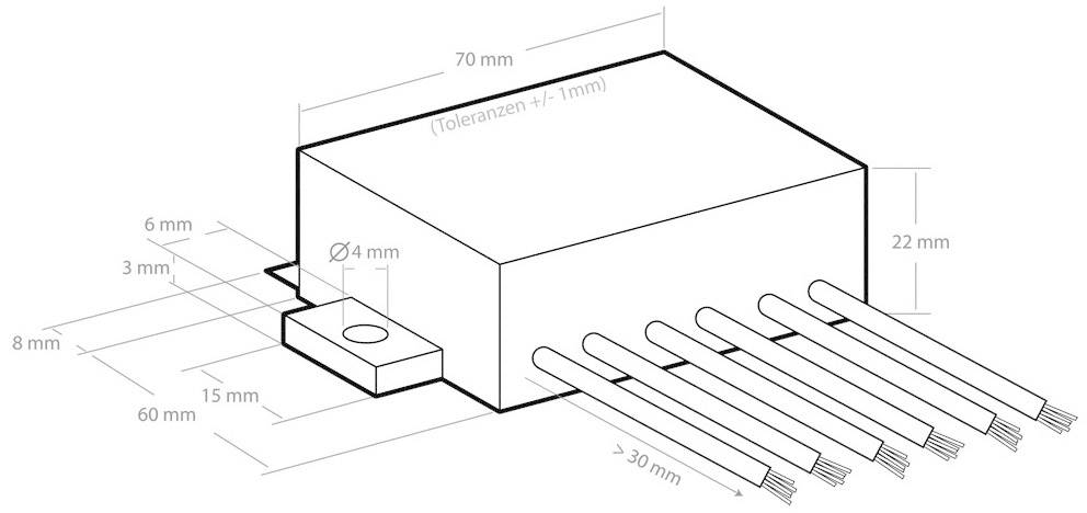 Technische Zeichnung einer rechteckigen elektrischen Komponente mit Maßen: 70 mm Länge, 22 mm Höhe, Kabelanschlüsse auf der rechten Seite.