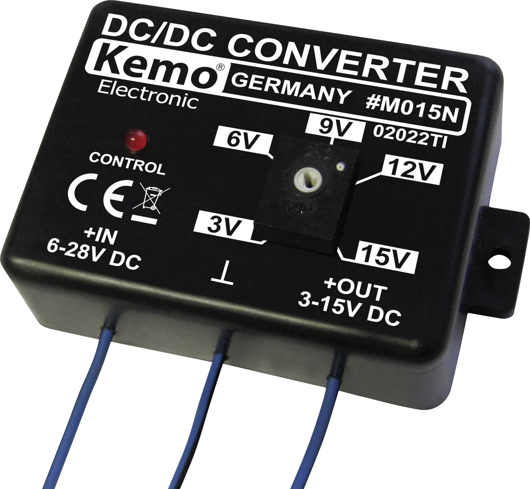DC/DC Converter mit Modellnummer M015N, zeigt Spannungsumschalter für 3V, 6V, 9V, 12V, 15V Eingangsbereich 6-28V DC, Ausgang 3-15V DC.