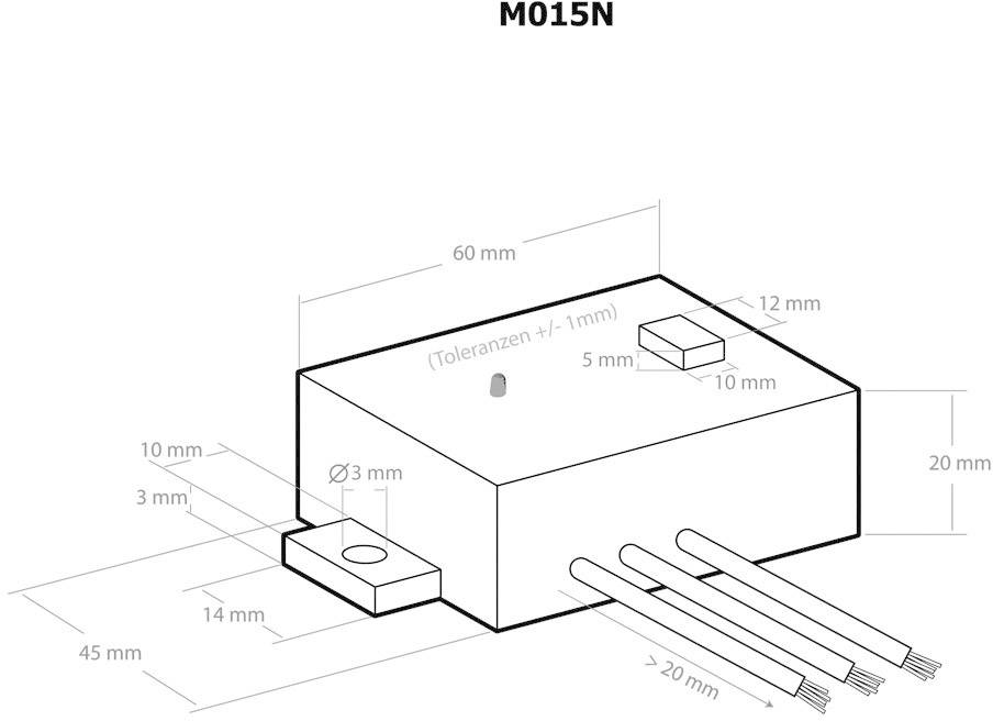 Maßzeichnung eines elektronischen Bauteils 'M015N' mit Abmessungen: 60x45x20 mm. Enthält Drahtanschlüsse und Bohrungsdurchmesser von 3 mm.