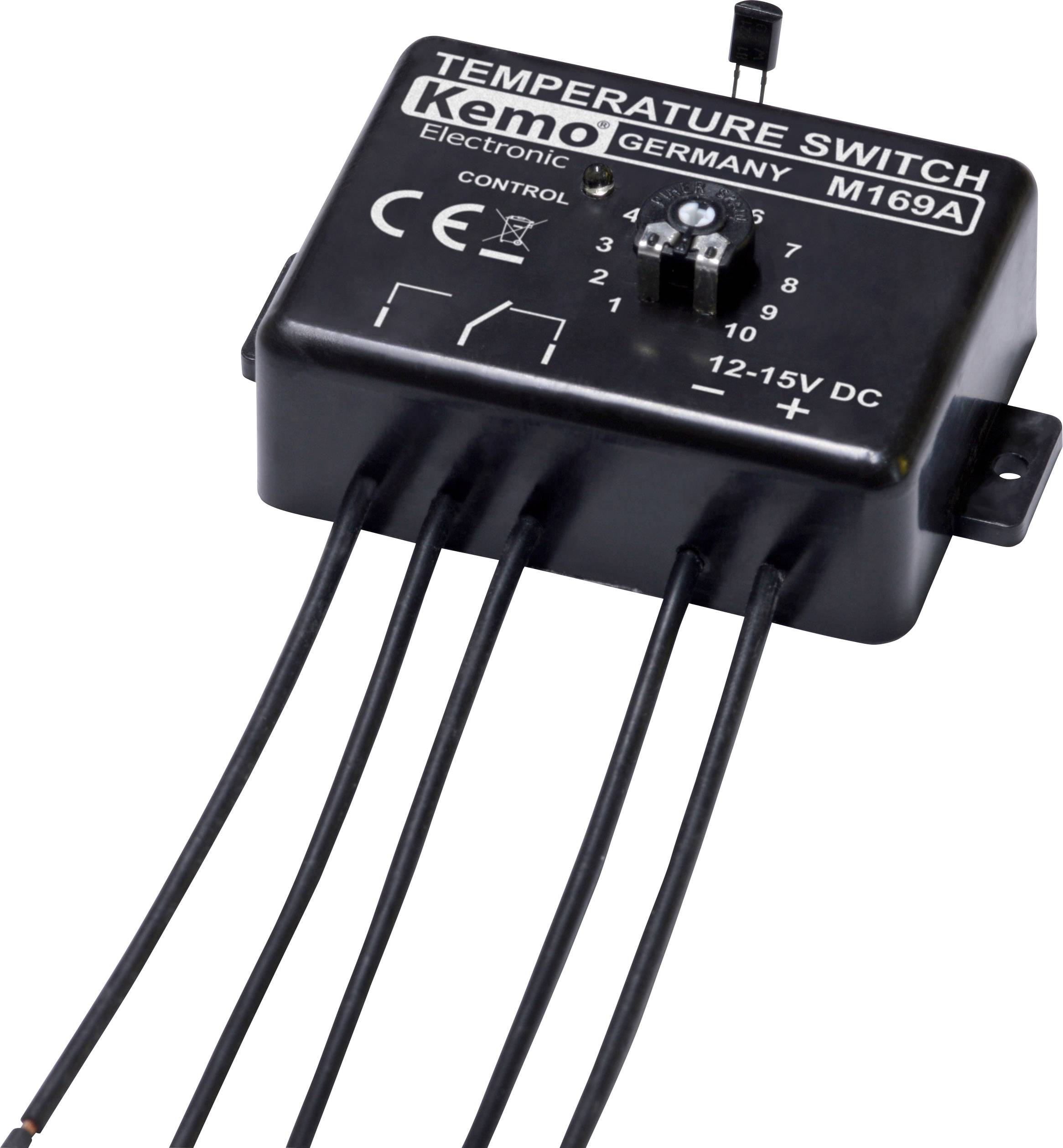 Temperaturschalter Kemo M169A, zeigt Oberseite mit Steuerknopf und Kabelanschlüssen. Zur Steuerung von Geräten nach Temperatur.