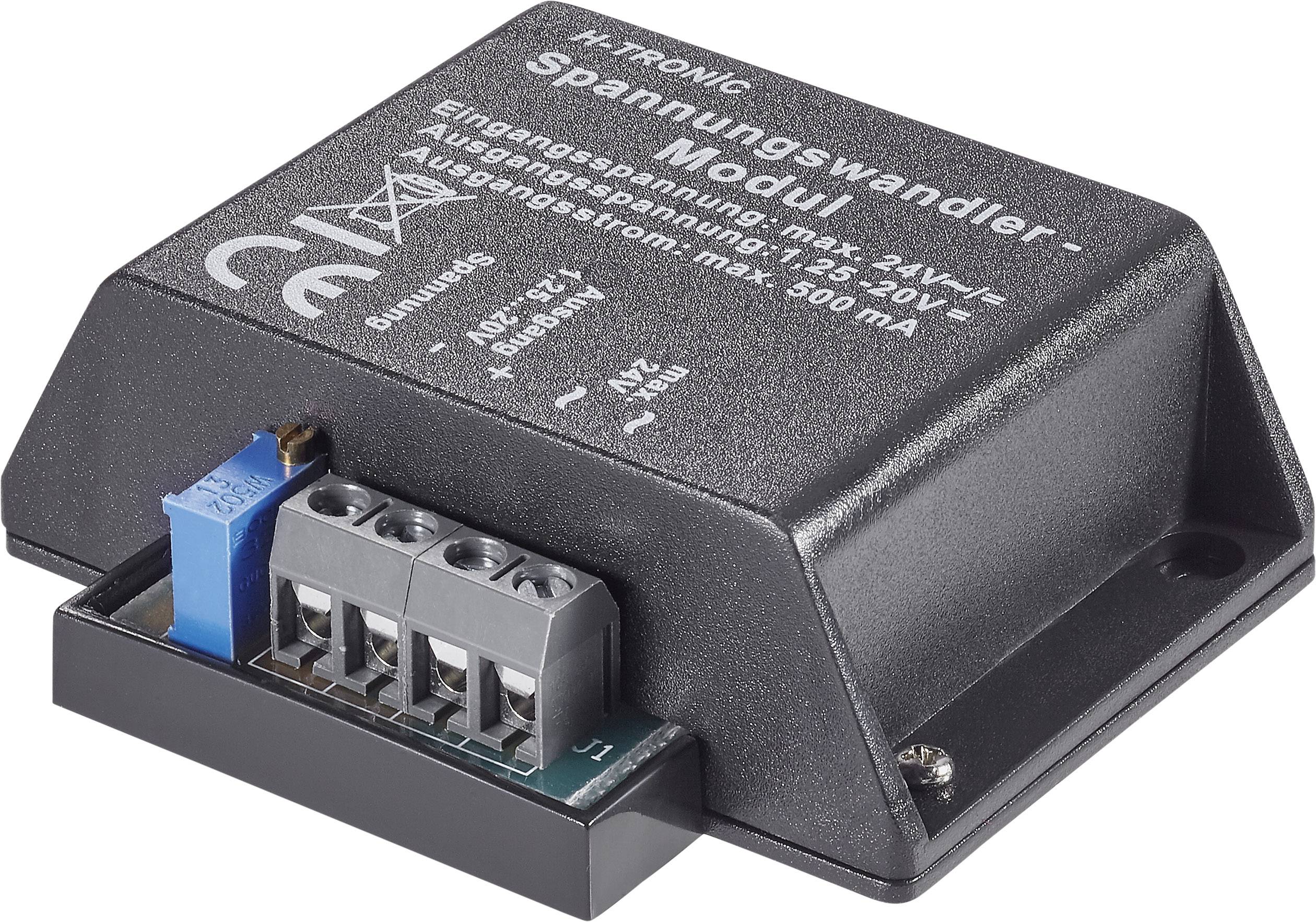 Spannungswandler-Modul. Zeigt Eingangs- und Ausgangsspannung: 12-24V und 1,5-30V. Maximaler Strom: 500mA. Abgebildet mit Anschlussklemmleiste.