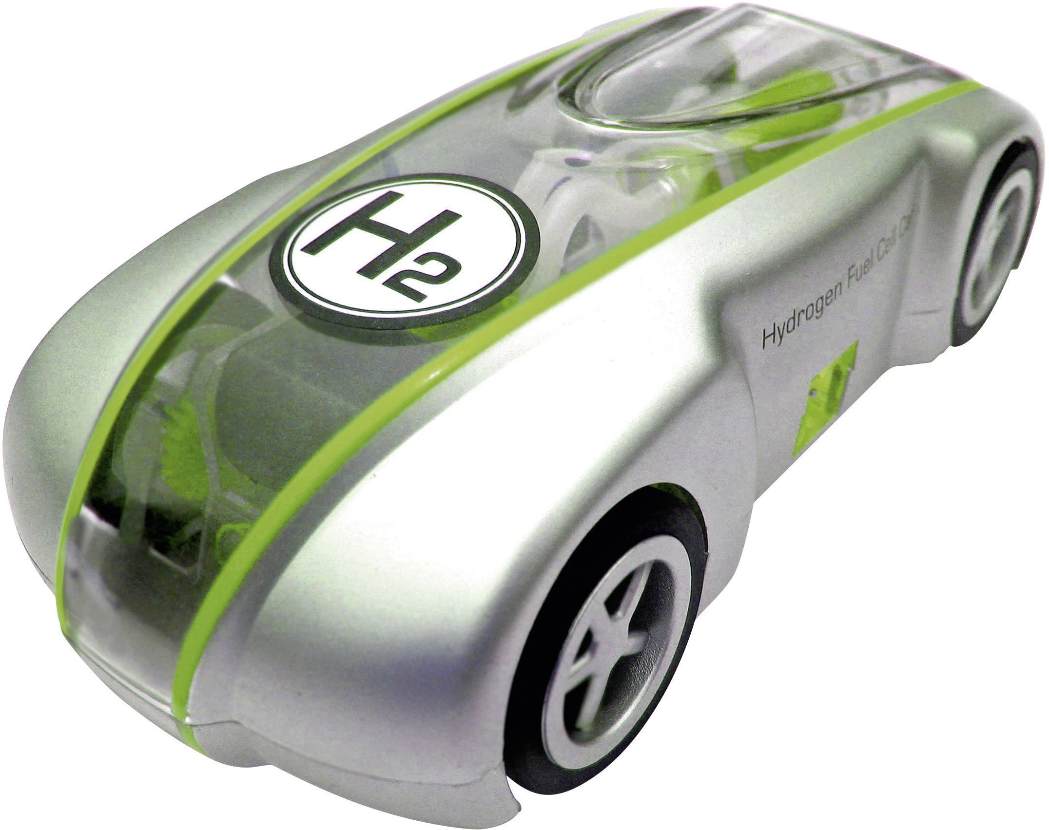 Ein futuristisches Modellauto mit Wasserstoff-Antrieb, silberfarben mit grünen Akzenten und 'H2' Symbol auf der Motorhaube.