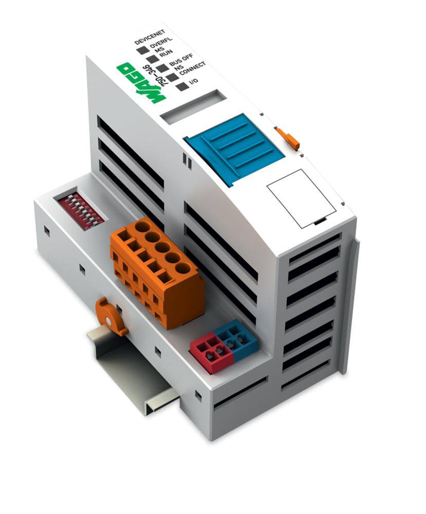 Ein graues DIN-Schienenmodul mit mehreren farbigen Anschlüssen und Beschriftungen. Hauptsächlich für elektrische Verbindungen verwendet.