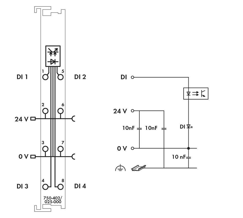 Montageschaltplan einer elektrischen Schaltung mit vier Eingängen (DI1-DI4), gekennzeichneten Spannungspunkten (24V, 0V) und Bauteilen.