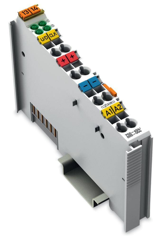 Abgebildet ist ein elektrisches Modul zur Verdrahtung und Steuerung, mit farblich kodierten Anschlussklemmen und Beschriftungen.