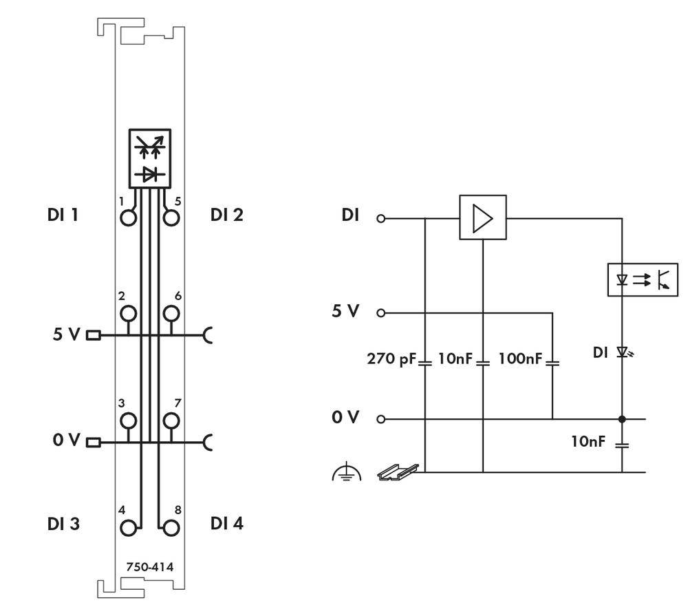Elektronisches Schaltbild eines Harting-Adapters: links zeigt Verdrahtung auf Steckplatte mit DI-Pins und 5V/0V-Leistung. Rechts symbolische Darstellung mit Kondensatoren und einem Transistor.