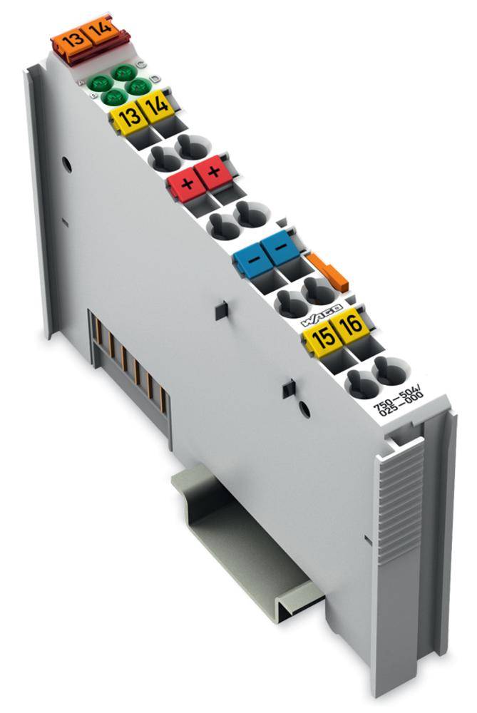Graues elektrisches Modul mit mehreren farblich gekennzeichneten Anschlüssen oben, nummeriert 13-16, für industrielle Anwendungen.