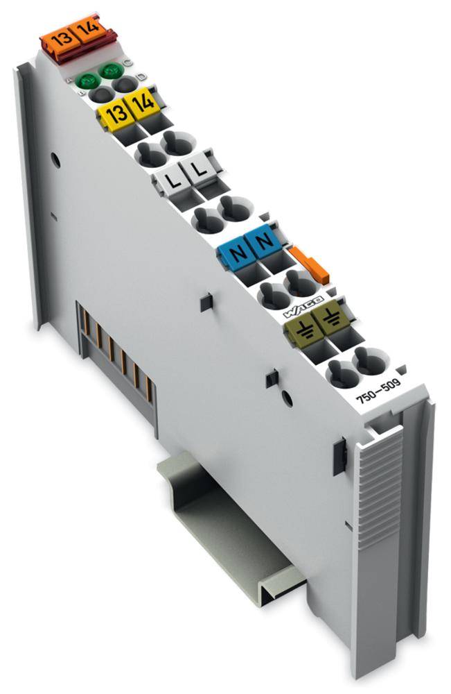 Reihenklemme mit mehreren Anschlusspunkten und farbigen Markierungen für elektrische Verbindungen und Signalisierung.