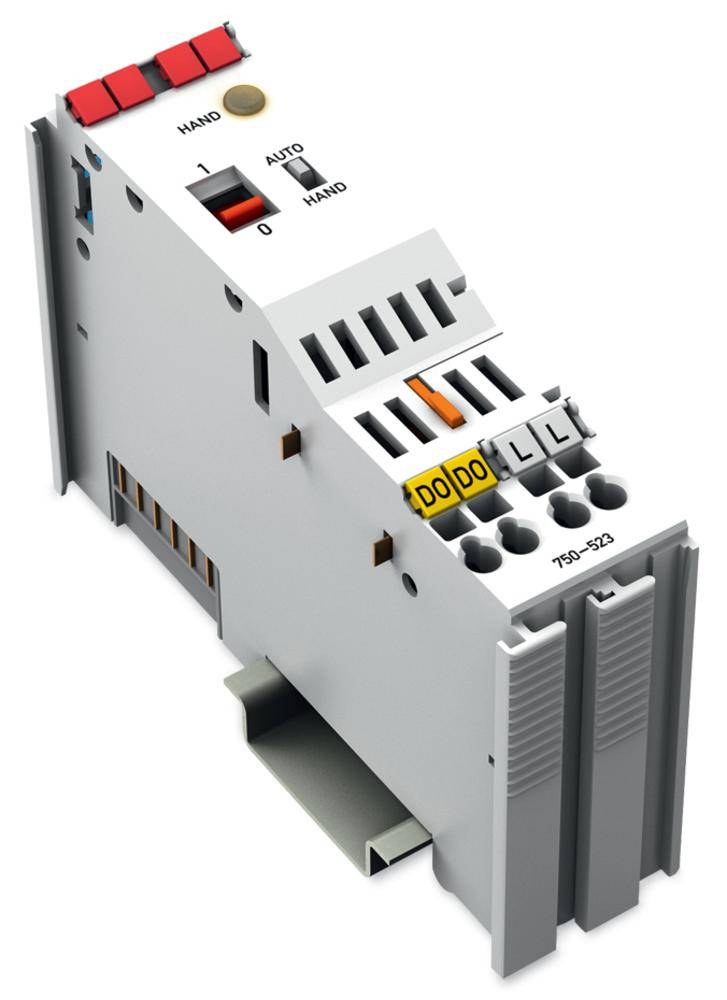 Ein elektrisches Steuergerät mit Tasten für 'Hand' und 'Auto', sowie Anschlüssen oben. Geeignet für industrielle Anwendungen.
