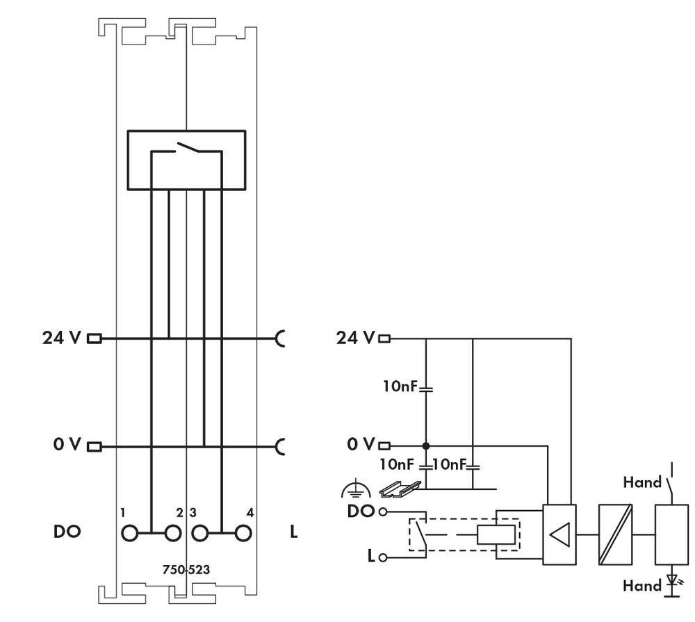 Schaltplan mit Verdrahtung eines Elektromoduls bei 24 V. Diagramm zeigt Anschlüsse an Klemmen mit Kondensatoren und Handoperationselementen.