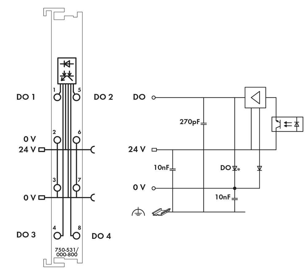 Schaltschema für eine elektronische Schaltung mit Dioden, Kondensatoren und Stromkreisläufen, beschriftet mit DO1, DO2, DO3, DO4.