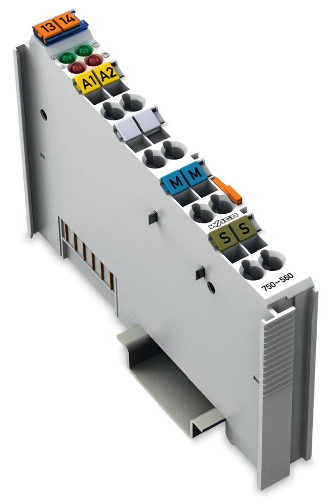Ein modulartiges, graues Bauteil mit farbig markierten Anschlüssen und der Aufschrift '750-350', geeignet für industrielle Anwendungen.