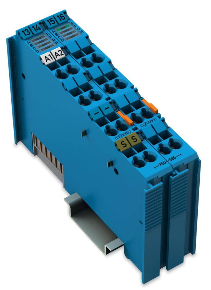 Blaues, modulares elektrisches Bauteil mit mehreren Anschlüssen, beschriftet mit Zahlen und Buchstaben. Verwendet in elektronischen Schaltungen.