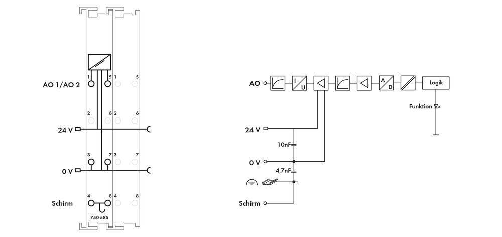 Diagramm der elektrischen Schaltung mit AO und Logik, zeigt 24V und 0V Leitungen, sowie Symbole für Kondensatoren und Erdung.