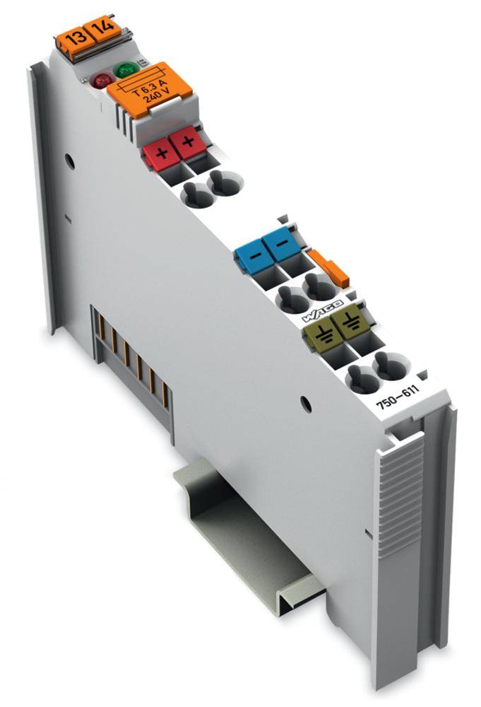 Ein elektronisches Modul mit Anschlussklemmen in verschiedenen Farben und Beschriftungen, zur Steuerung oder Verbindung elektrischer Schaltungen.