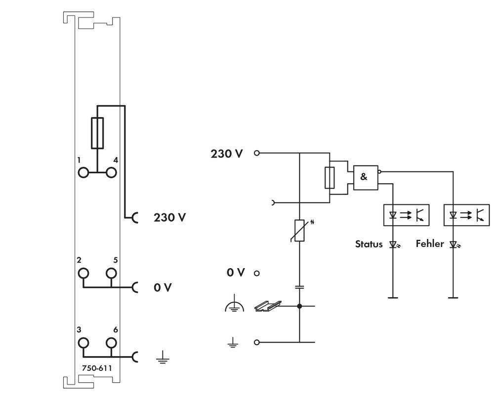 Schaltplan für ein elektrisches System mit 230 V, zeigt einen Schalter und zwei Kontrolllämpchen für 'Status' und 'Fehler' Anzeigen.