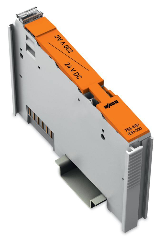 Das Bild zeigt ein elektrisches Modul mit orangen und grauen Komponenten, beschriftet mit '24 VDC' und '230 VAC'.