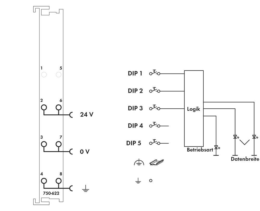 Diagramm zeigt elektrische Schaltverbindungen mit einem 24V und 0V Anschluss und DIP-Schaltern, die die Logik- und Betriebsart steuern.