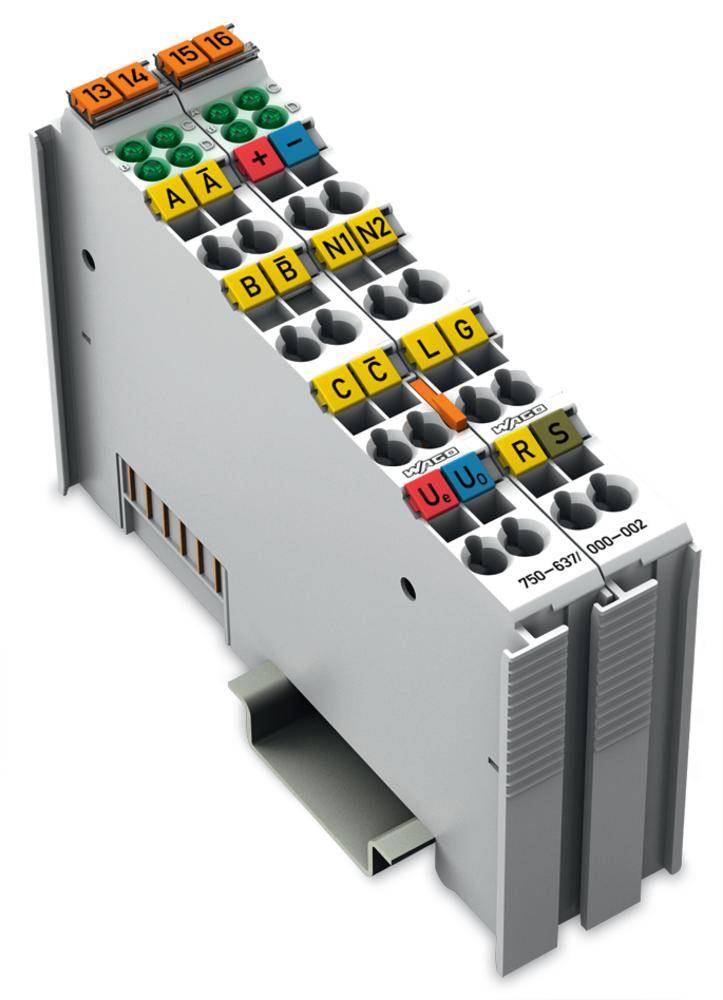 Industrieklemme mit farbcodierten Anschlüssen und Beschriftungen für genaue Verkabelung. Kompakt und modular designed, auf DIN-Schiene montiert.
