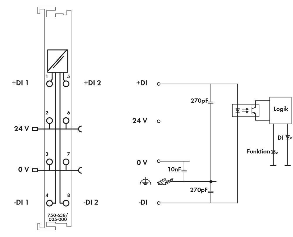Schaltplan einer elektrischen Schaltung mit zwei Modulen: Links eine Busklemme, rechts eine Logikeinheit mit LED, Kondensatoren und Spannungsangabe.