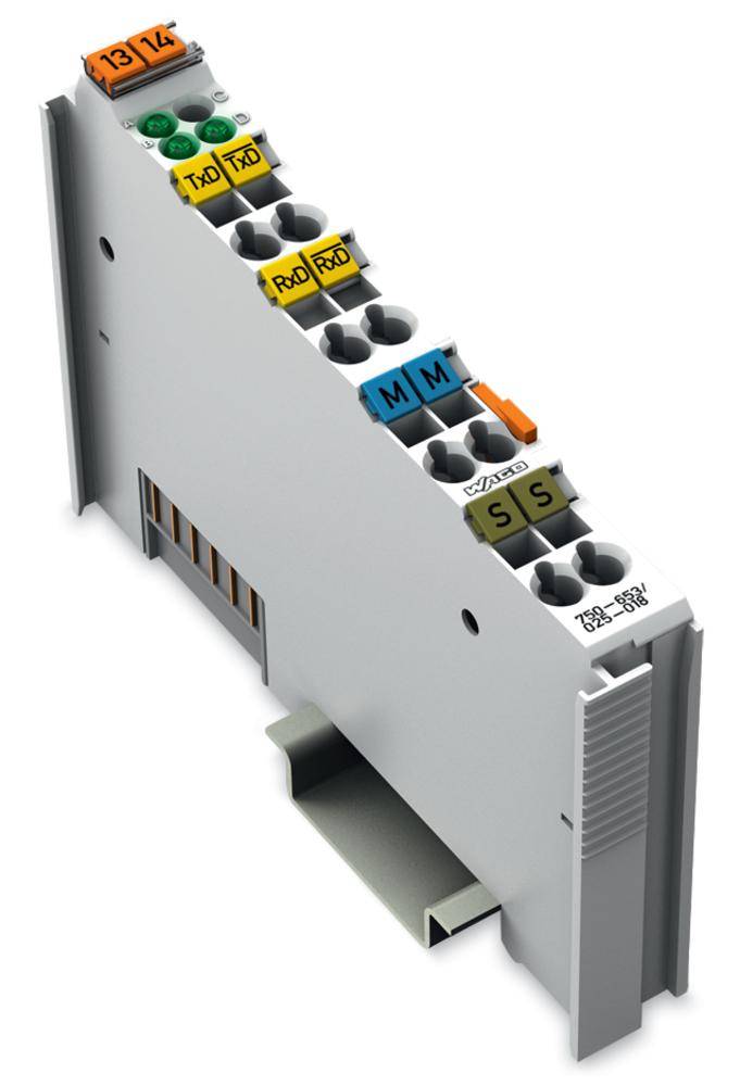 Industrie-Elektronikmodul mit mehreren farbcodierten Anschlüssen oben, beschriftet mit Buchstaben und Zahlen.